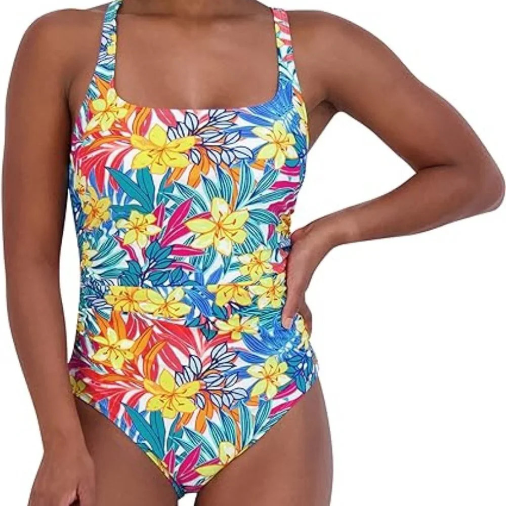 NWT Caribbean Joe Paradise Multi Standard Shirred One Piece Swimsuit in Size 16